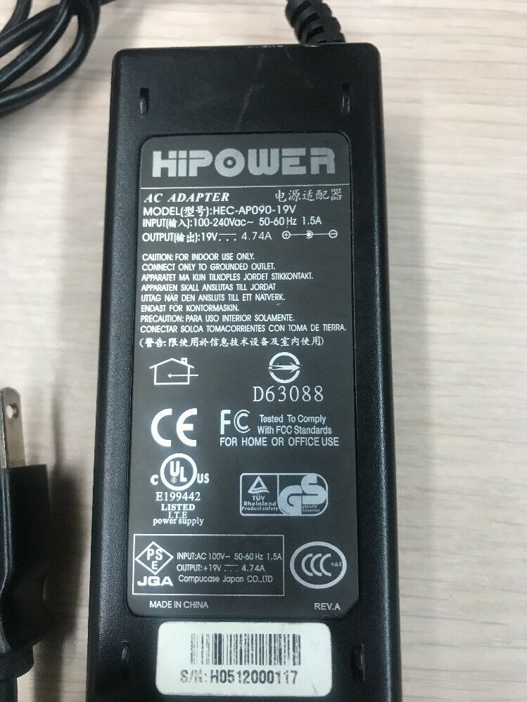 *Brand NEW* HIPOWER HEC-AP090-19V AC Adapter Power Supply 19V 4.74A Charger